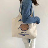 Women's Beige Canvas Shoulder Bag Dog Student Girls Large Capacity Handbag