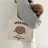 Women's Beige Canvas Shoulder Bag Dog Student Girls Large Capacity Handbag