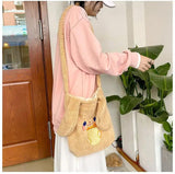 Animal Embroidered Women Shoulder Bag Lamb Wool Student Girls Crossbody Bags Sof