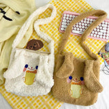 Animal Embroidered Women Shoulder Bag Lamb Wool Student Girls Crossbody Bags Sof
