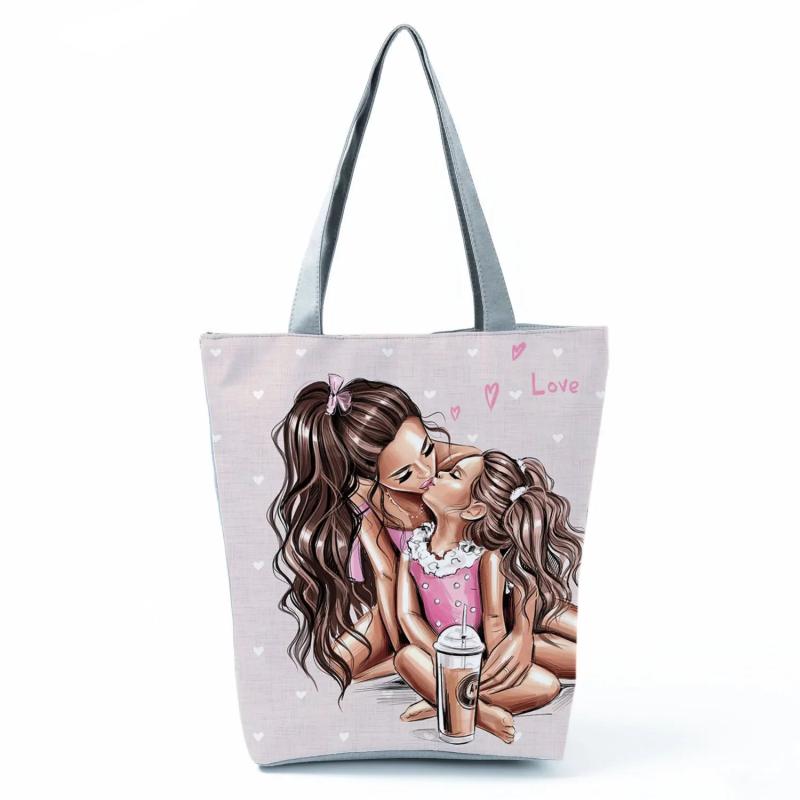 Cartoon Mama Print Tote Bag Mom and Baby Handbag