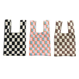 Checkerboard Women Handbag Tote Large Capacity Soft Woven Casual Pouch
