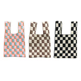Checkerboard Women Handbag Tote Large Capacity Soft Woven Casual Pouch