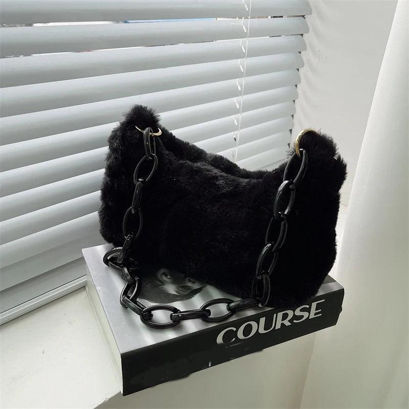 Soft Plush Shoulder Bag Small Underarm Bag Female Chain Handle