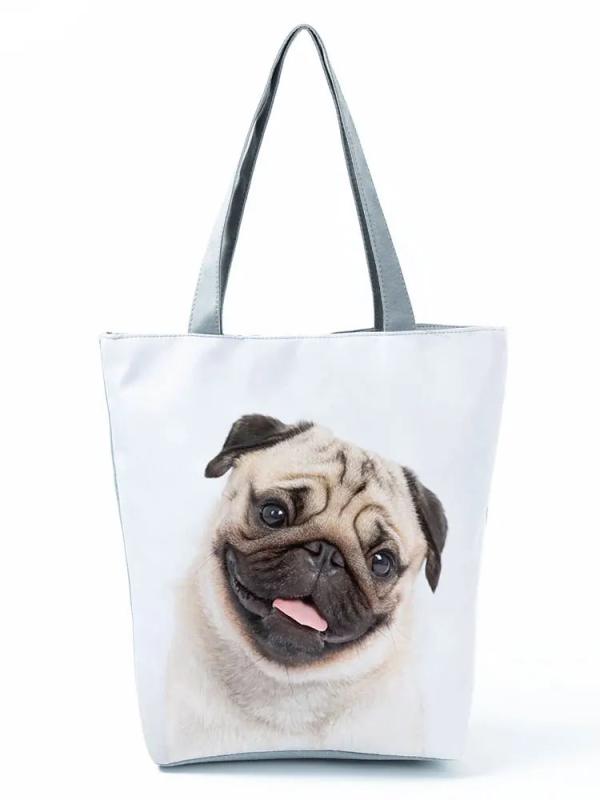 Cartoon Pug Print Tote Bag for Women
