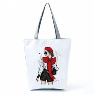 Cartoon Hipster Girl Printed Handbags Eco Friendly Foldable Women Shoulder Bag