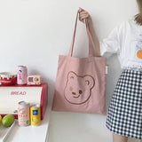 Embroidery Bear Shopping Bag Soft Pink Canvas Tote Bag