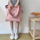 Embroidery Bear Shopping Bag Soft Pink Canvas Tote Bag