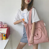 Embroidery Bear Shopping Bag Soft Pink Canvas Tote Bag