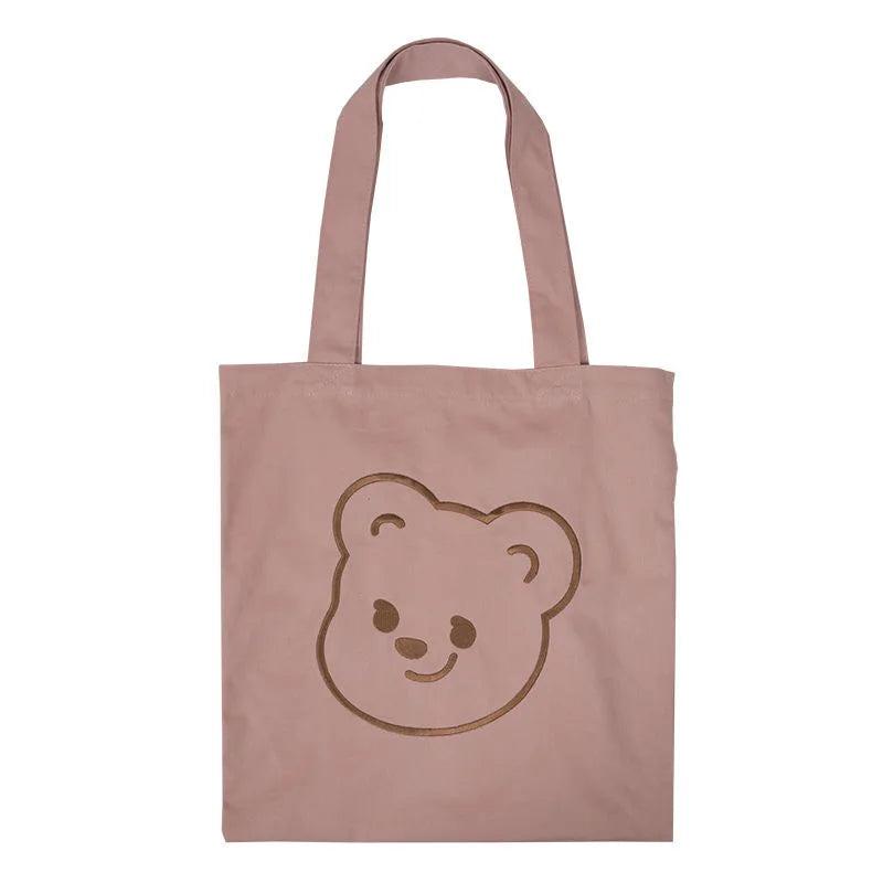 Embroidery Bear Shopping Bag Soft Pink Canvas Tote Bag