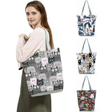 Print Grocery Tote Cartoon Floral Cat Eco Shoulder Bag