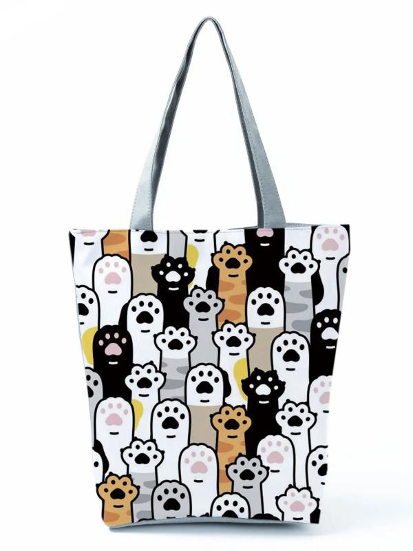 Print Grocery Tote Cartoon Floral Cat Eco Shoulder Bag