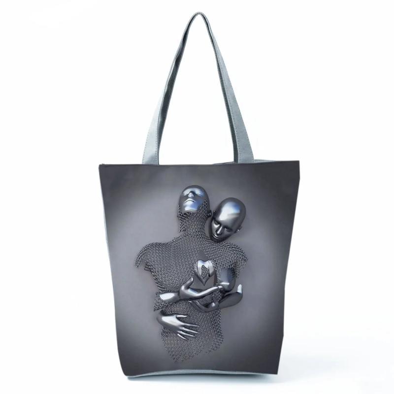 Romantic Abstract Tote Handbag Metal Figure Statue Art 3D Love Grey Print