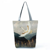 Japanese Crane Printed Shoulder Bag High Capacity Tote