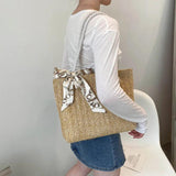 Silk Scarf Women's Shoulder Bag and Straw Woven Handbag