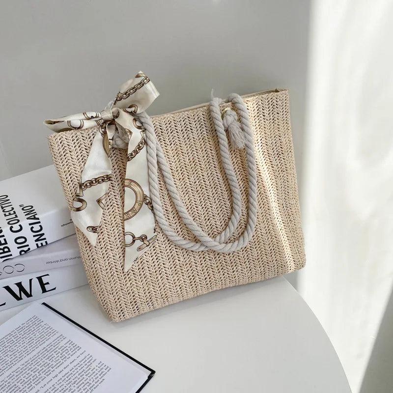 Silk Scarf Women's Shoulder Bag and Straw Woven Handbag