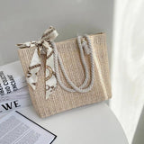 Silk Scarf Women's Shoulder Bag and Straw Woven Handbag