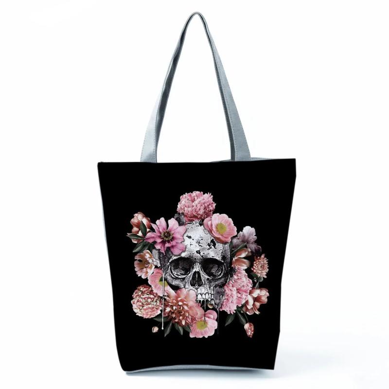 Floral Skull Print Eco Reusable Shopping Bags - Halloween Gift Women Shoulder Ba