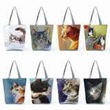 Eco Reusable Handbag Shoulder Shopping Bag Cat Oil Painting