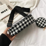 Vintage Plaid Underarm Crossbody Bag with Round Purse Pendant