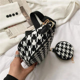 Vintage Plaid Underarm Crossbody Bag with Round Purse Pendant