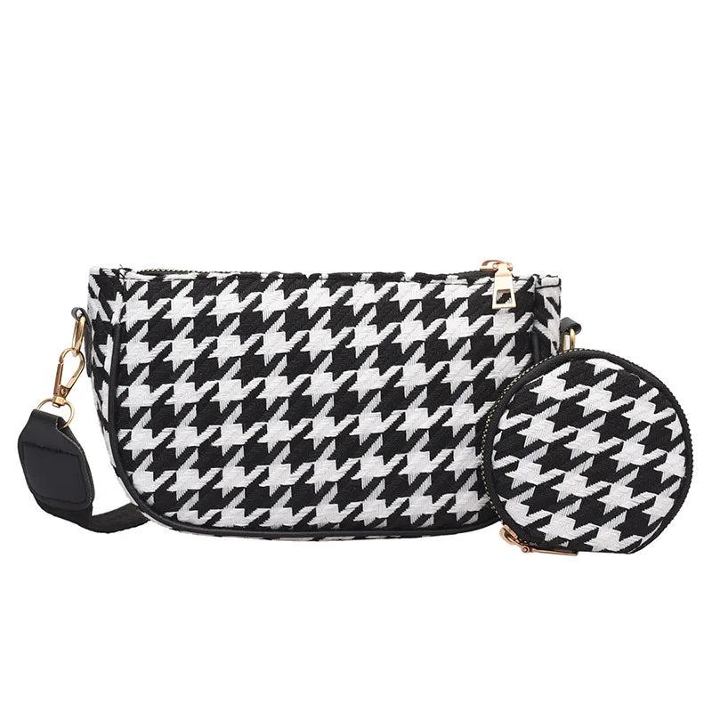 Vintage Plaid Underarm Crossbody Bag with Round Purse Pendant