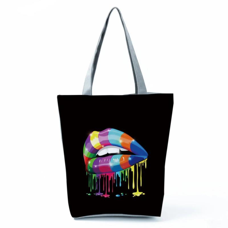 Lips Cartoon Printed Tote Shoulder Bag Eco-Friendly Travel Handbag
