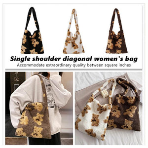 Bear Print Plush Tote Handbag - Top-handle Shoulder Bag