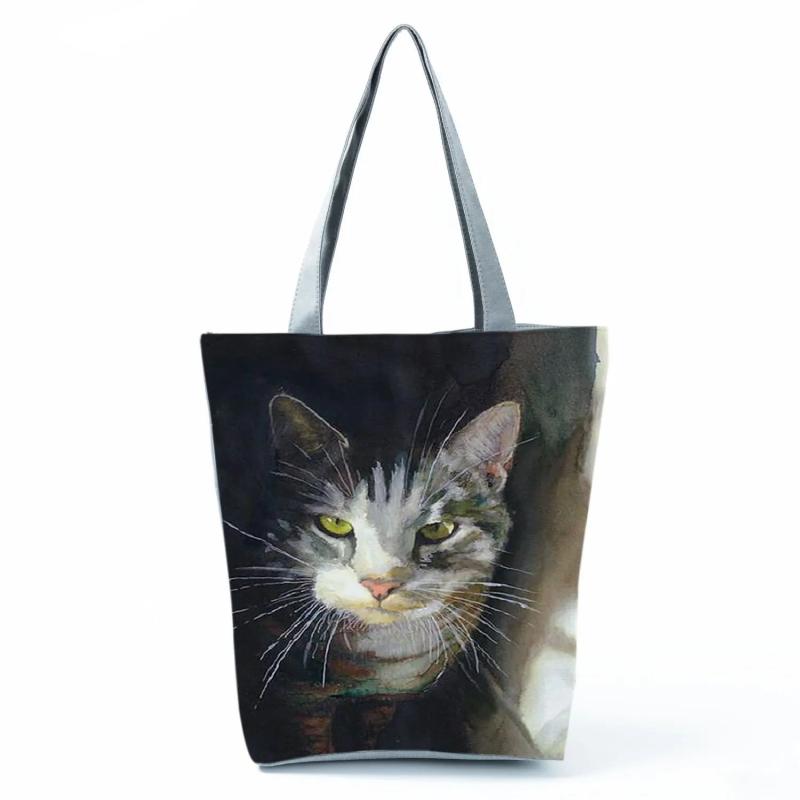 Eco Reusable Totes Shoulder Bags Cat Oil Painting Handbag