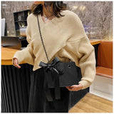 Winter Shoulder Bags Lingge Chain Crossbody Bag Solid Ribbon Bow