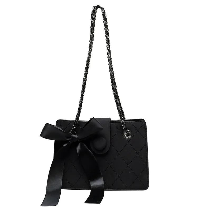 Winter Shoulder Bags Lingge Chain Crossbody Bag Solid Ribbon Bow