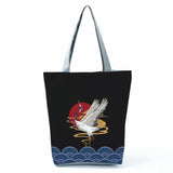 Japanese Style Ukiyoe Print Handbags Red Crowned Crane Tote Bags