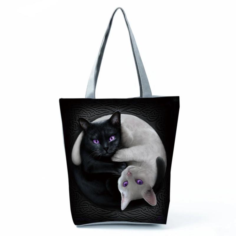 Reusable Starry Sky Cat Handle Tote Bag Eco Shopping Bag With Zipper