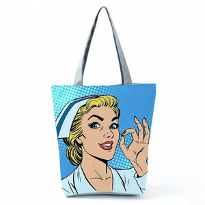 Cartoon Nurse Print Shoulder Bag High Capacity Travel Beach Bag