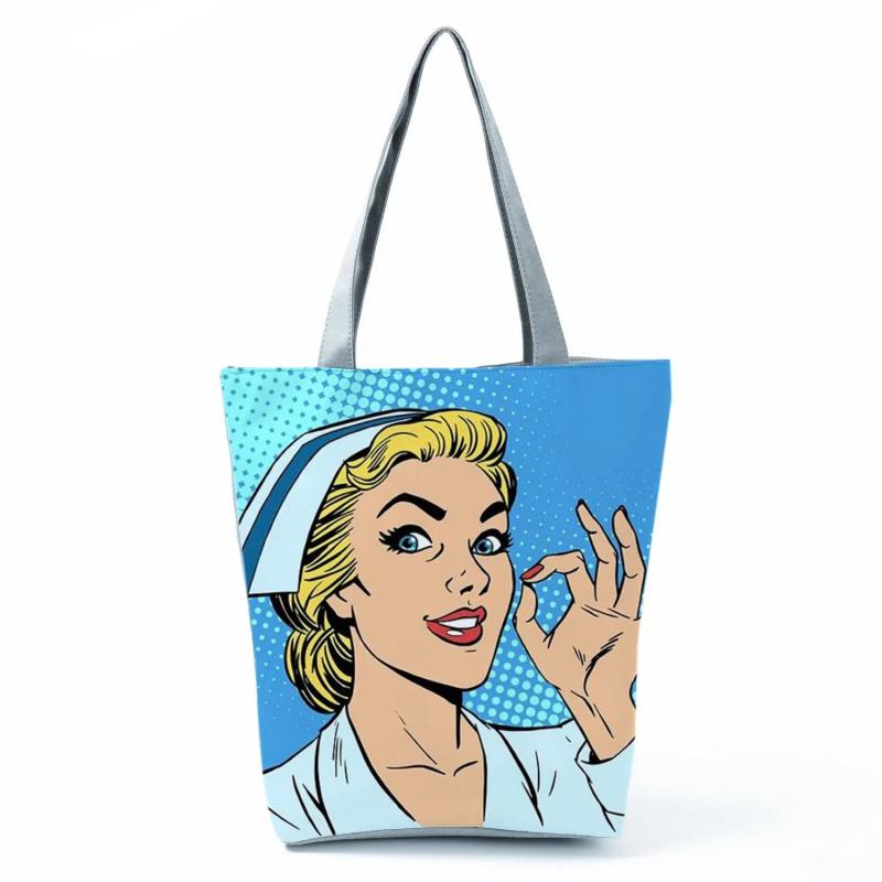 Cartoon Nurse Print Shoulder Bag High Capacity Travel Beach Bag
