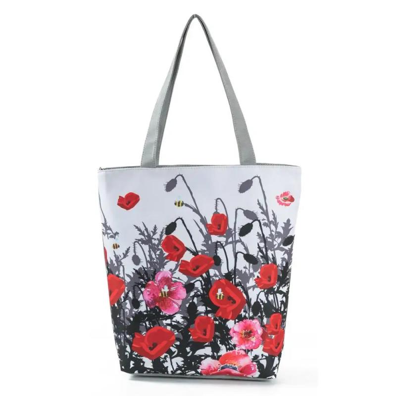Red Flowers Handbags For Female Floral Print Shoulder Shopping High Capacity
