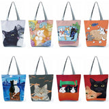 Cat Print Shopping Bags Large Capacity Tote Handbags Japanese Style Shoulder Bag