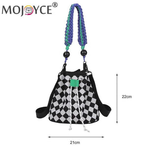 Checkered Pattern Canvas Crossbody Bag with Woven Handle
