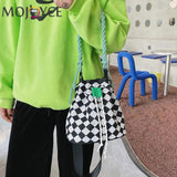 Checkered Pattern Canvas Crossbody Bag with Woven Handle