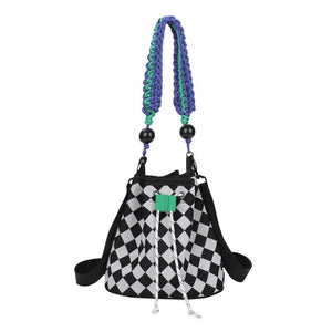 Checkered Pattern Canvas Crossbody Bag with Woven Handle