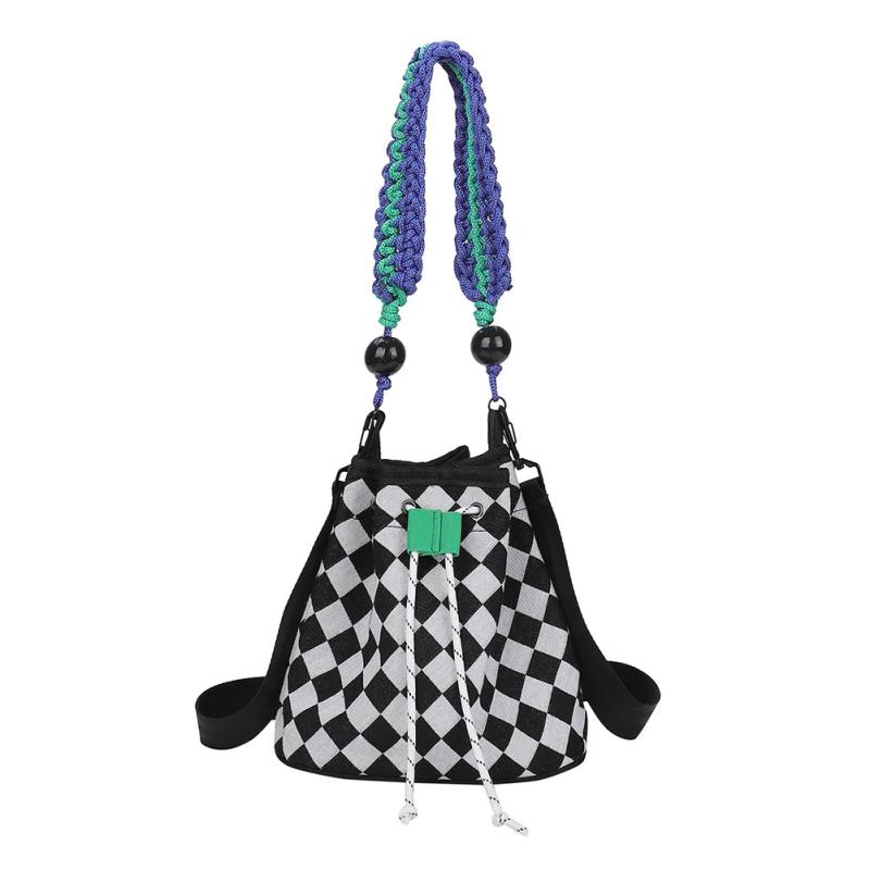 Checkered Pattern Canvas Crossbody Bag with Woven Handle