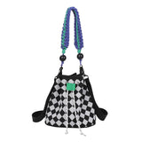 Checkered Pattern Canvas Crossbody Bag with Woven Handle
