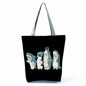 Eco Reusable Travel Handbag Shark Suit Cat Print Shoulder Bag