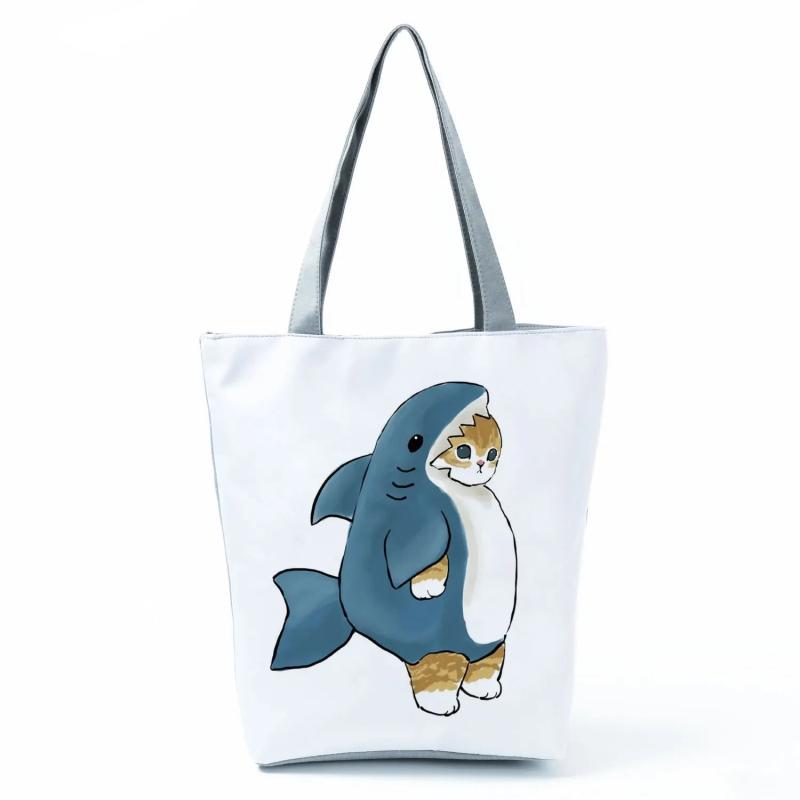 Women's Cat Shark Print Shoulder Bag Eco Reusable Travel Tote