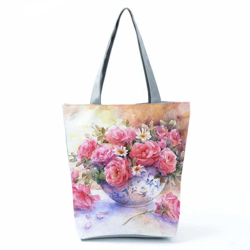 Floral Print Handbags Lady Shoulder Bags Foldable Beach Tote Women