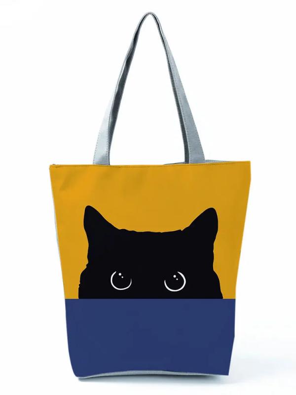 Cat Printed Eco Handbag High Capacity Yellow Shoulder Bag