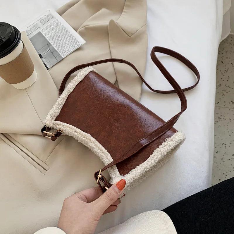 Retro Lamb Wool Crossbody Bag Solid Daily PU Leather Shoulder Bag