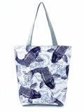 Chinese Style Carp Print Shoulder Bag Large Capacity Fish Tote Eco Reusable