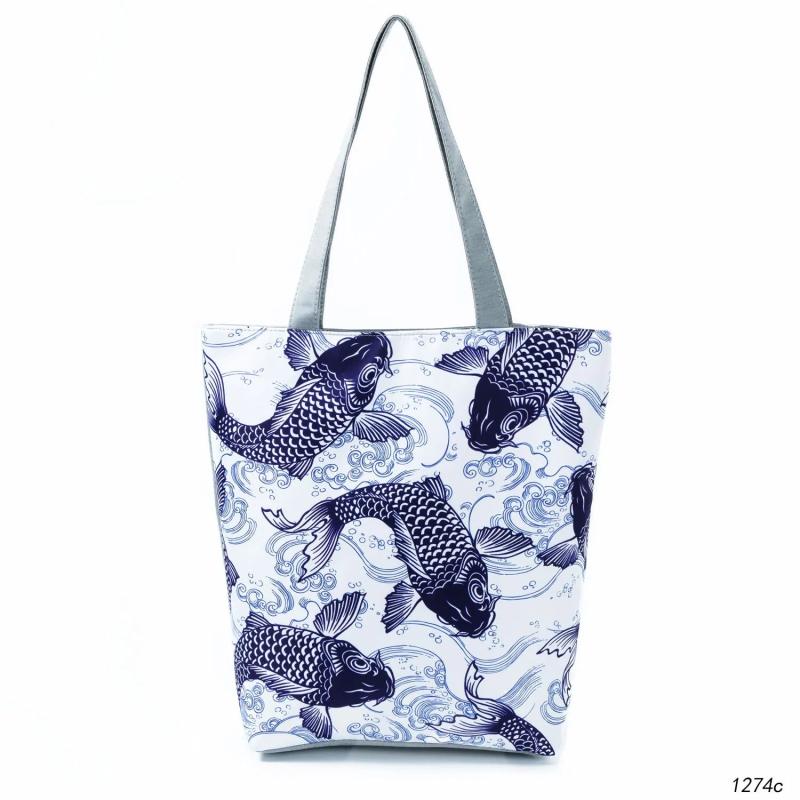 Chinese Style Carp Print Shoulder Bag Large Capacity Fish Tote Eco Reusable