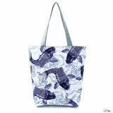 Chinese Style Carp Print Shoulder Bag Large Capacity Fish Tote Eco Reusable